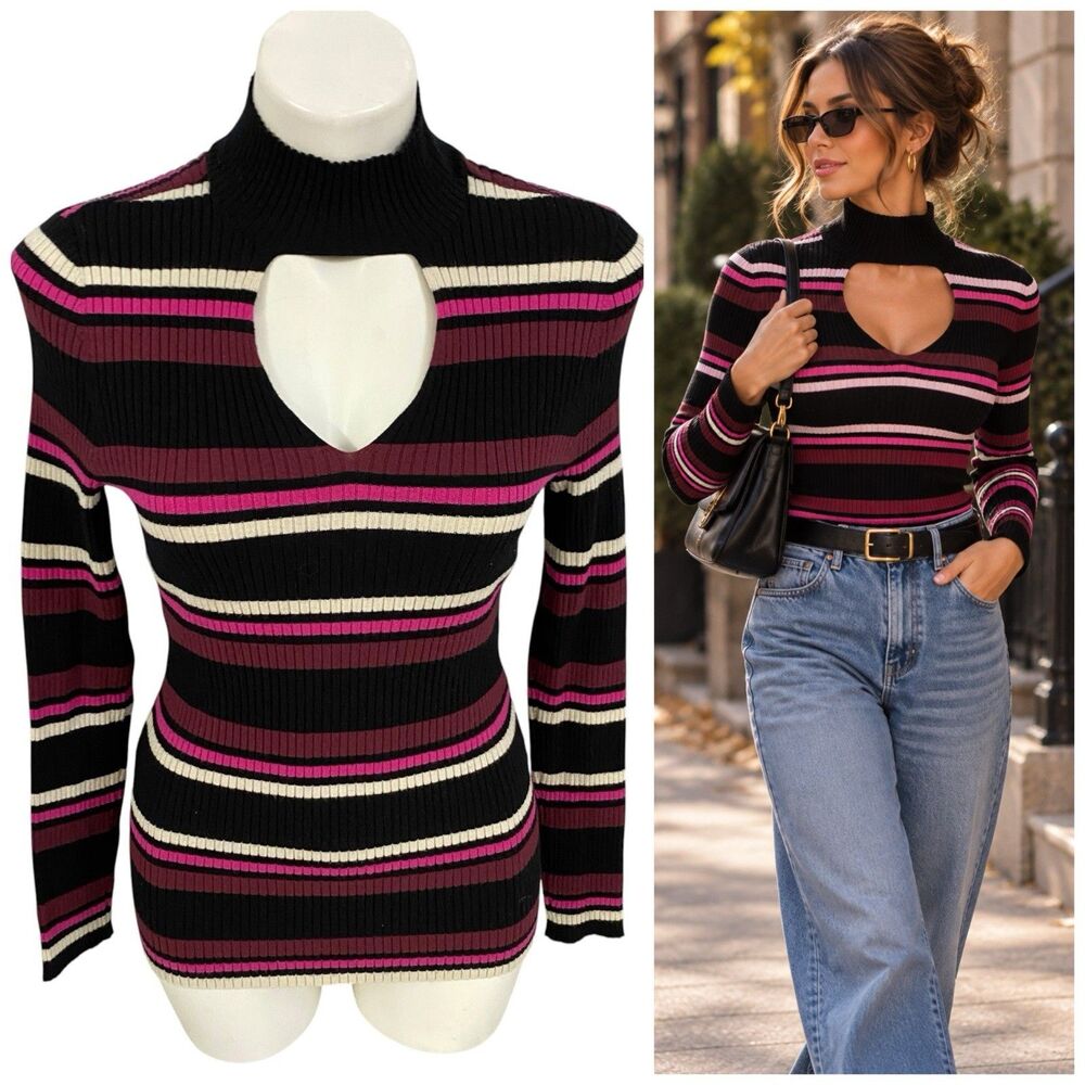 Lane Bryant Sweater Womens 14/16 Black Pink Stripe Choker Neck Ribbed Knit Top